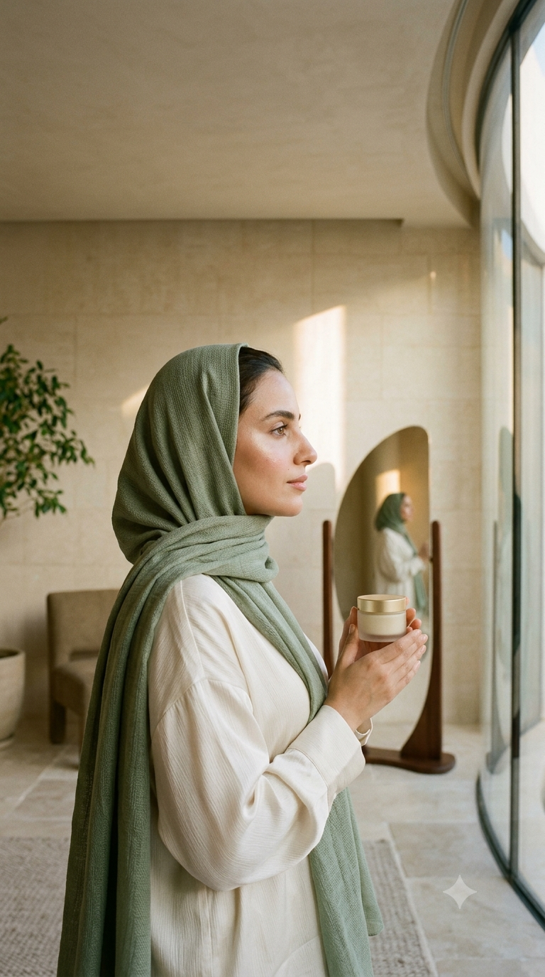 Woman in an ivory blouse and sage headscarf holding a moisturizer jar beside a curved window and crescent mirror.