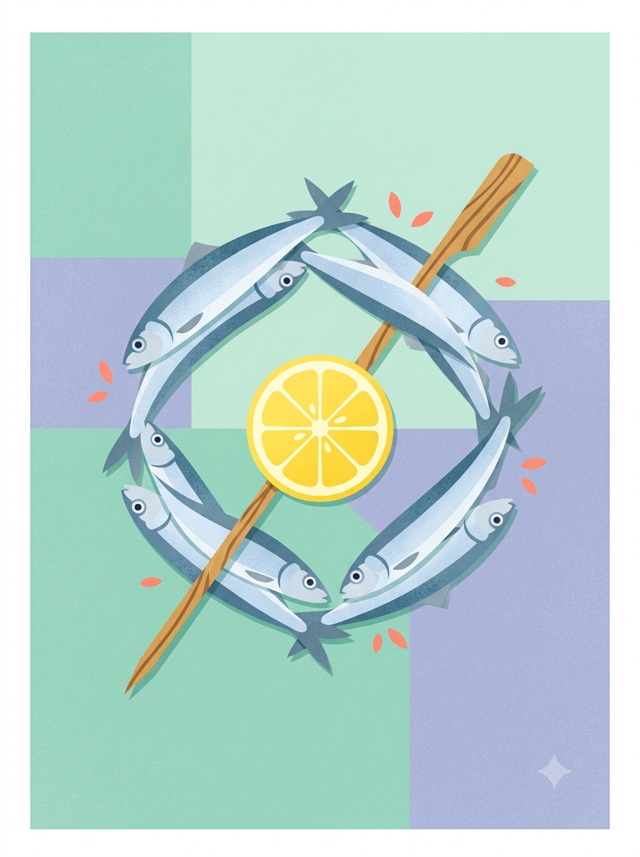 Silver-blue sardines forming a wreath around a lemon slice and diagonal wooden skewer on a pastel geometric background.