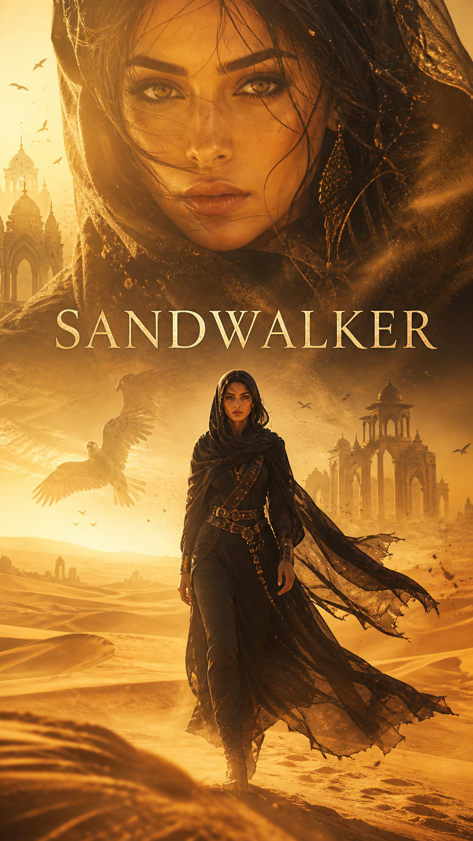A woman's close-up and full-body desert figure are layered beneath the title SANDWALKER.