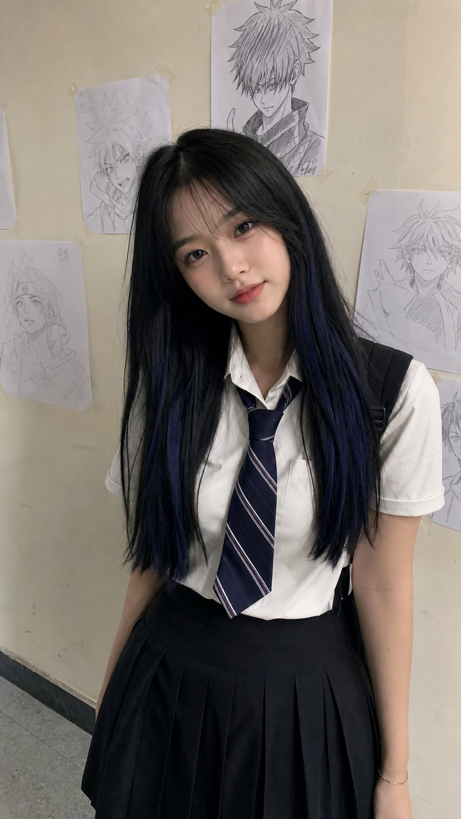 A dark-haired woman in a white shirt and tie stands beside taped anime sketches.