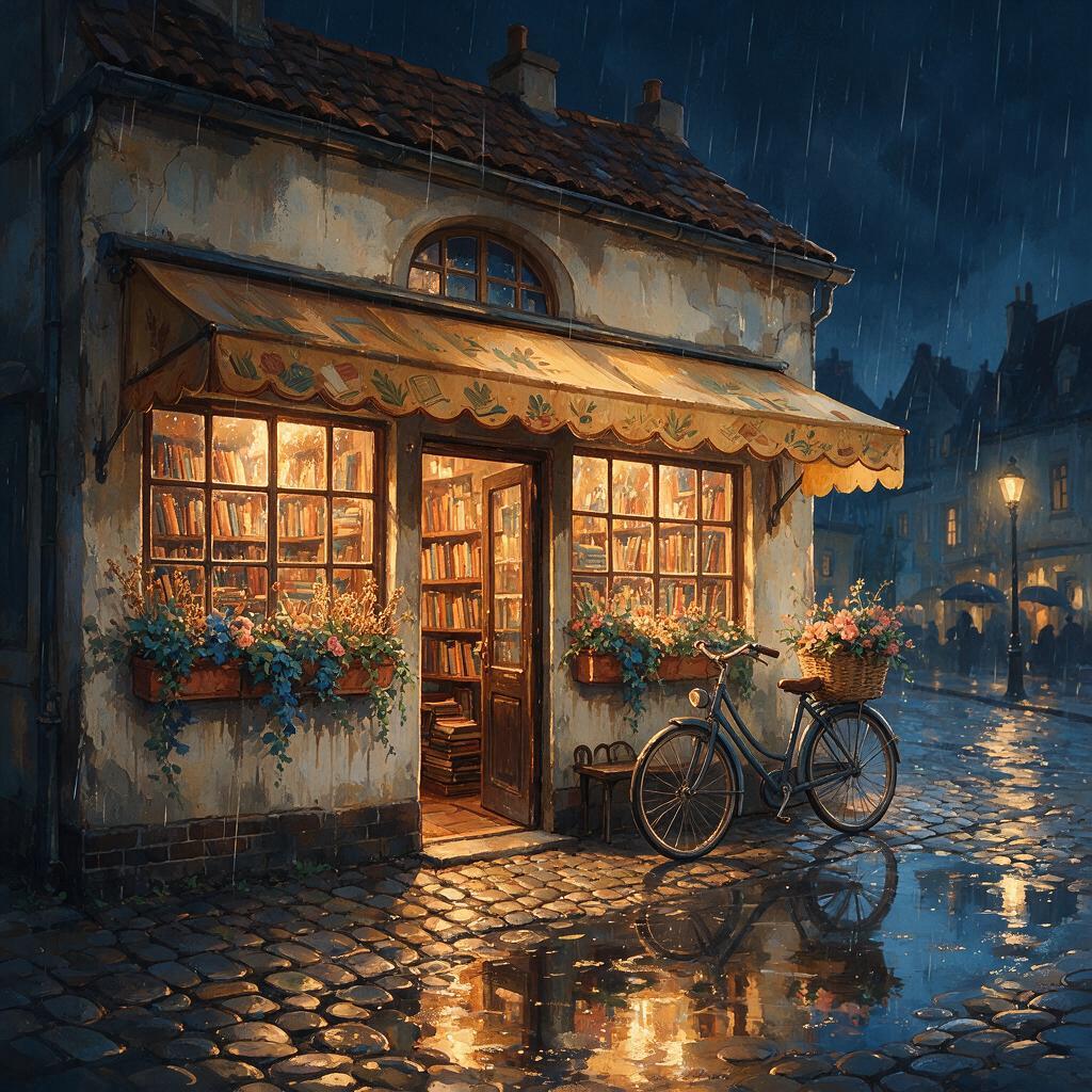 A warmly lit bookshop, flower boxes and a bicycle reflected in puddles on a rainy cobblestone street.