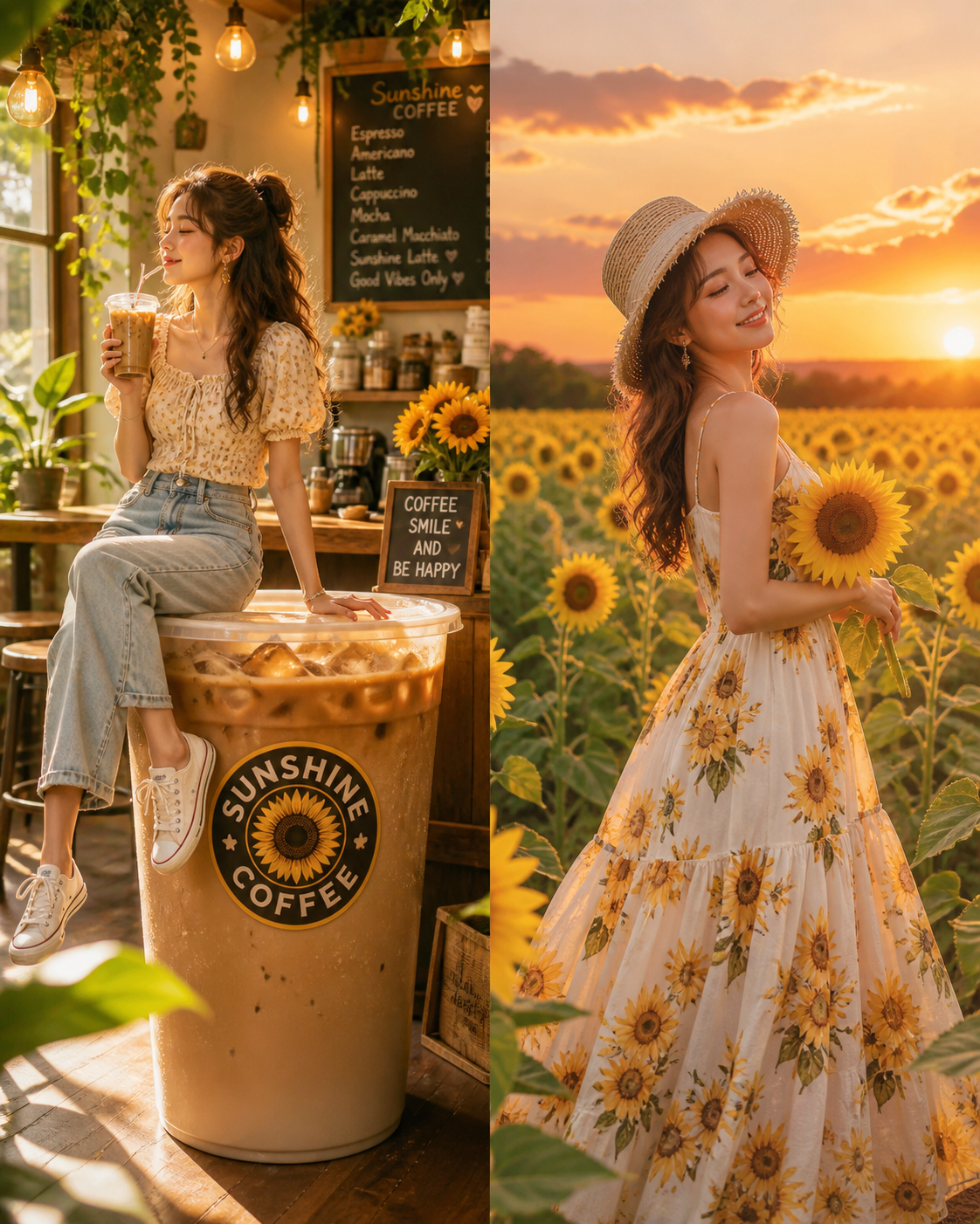 A woman appears on an oversized café cup and in a golden sunflower field.