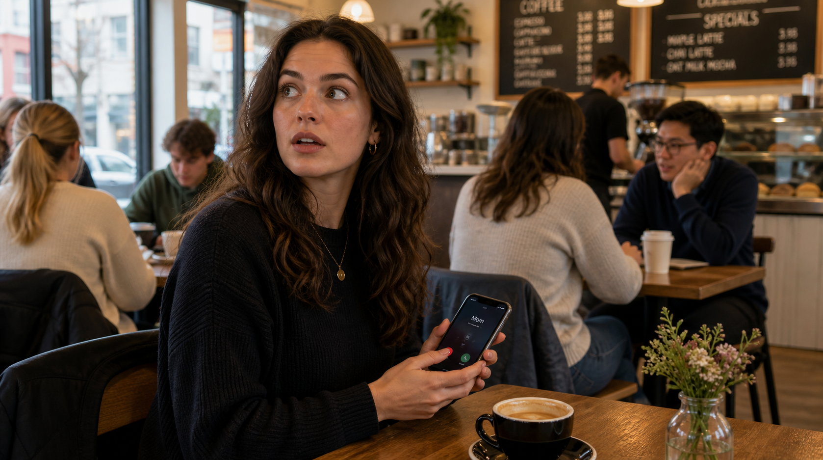 A woman holding a phone looks up in a crowded café.