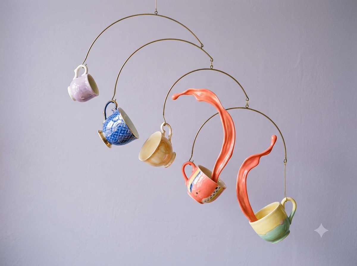 Five colorful porcelain teacups suspended from brass arcs, with coral glaze rising from two cups against a lavender-gray background.