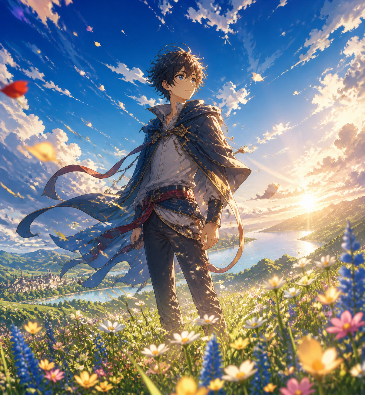 An anime character stands in wildflowers beneath golden sunlight and a vivid blue sky.