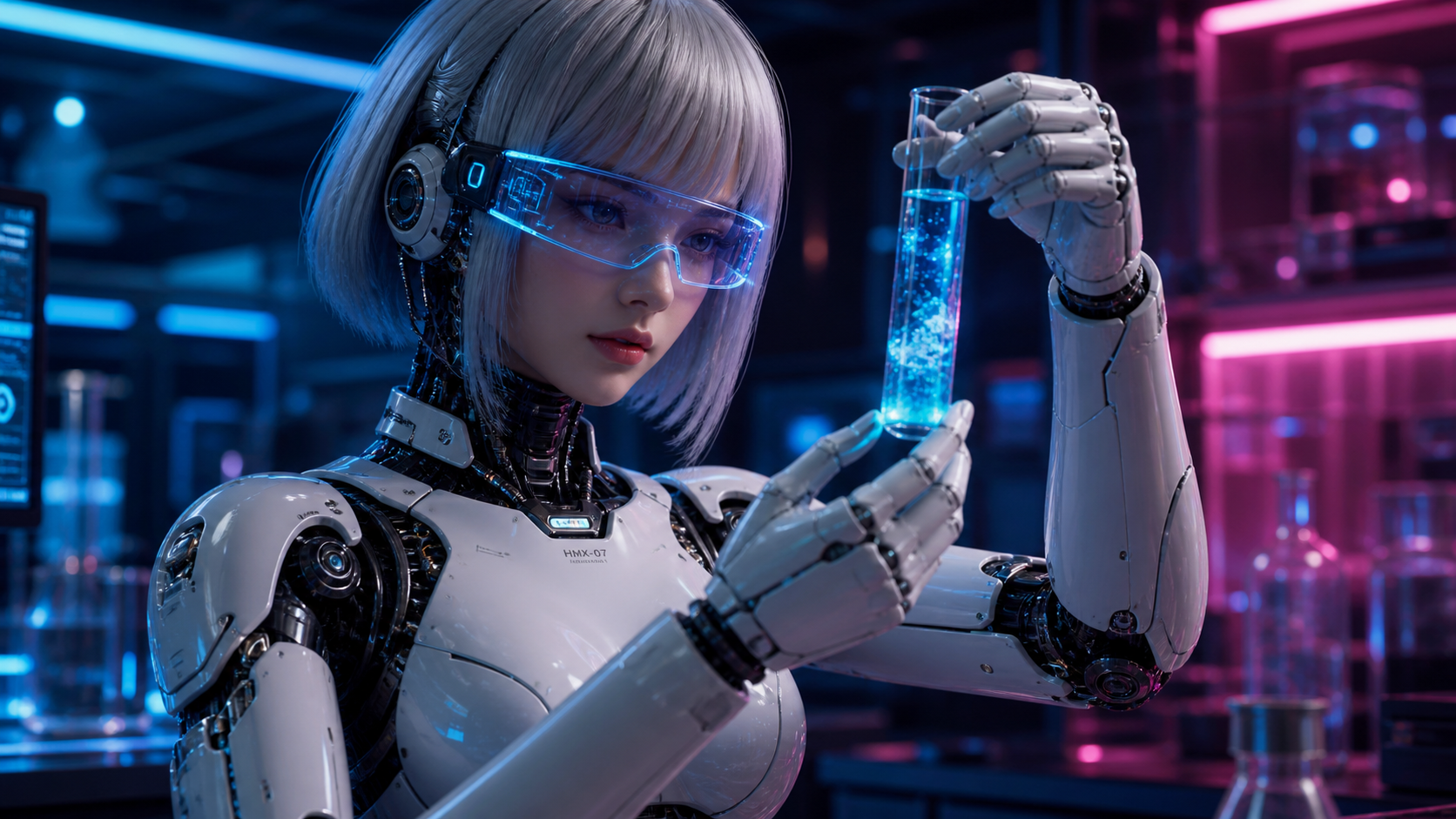 A silver-haired female android examines a vial of glowing blue liquid in a neon laboratory.