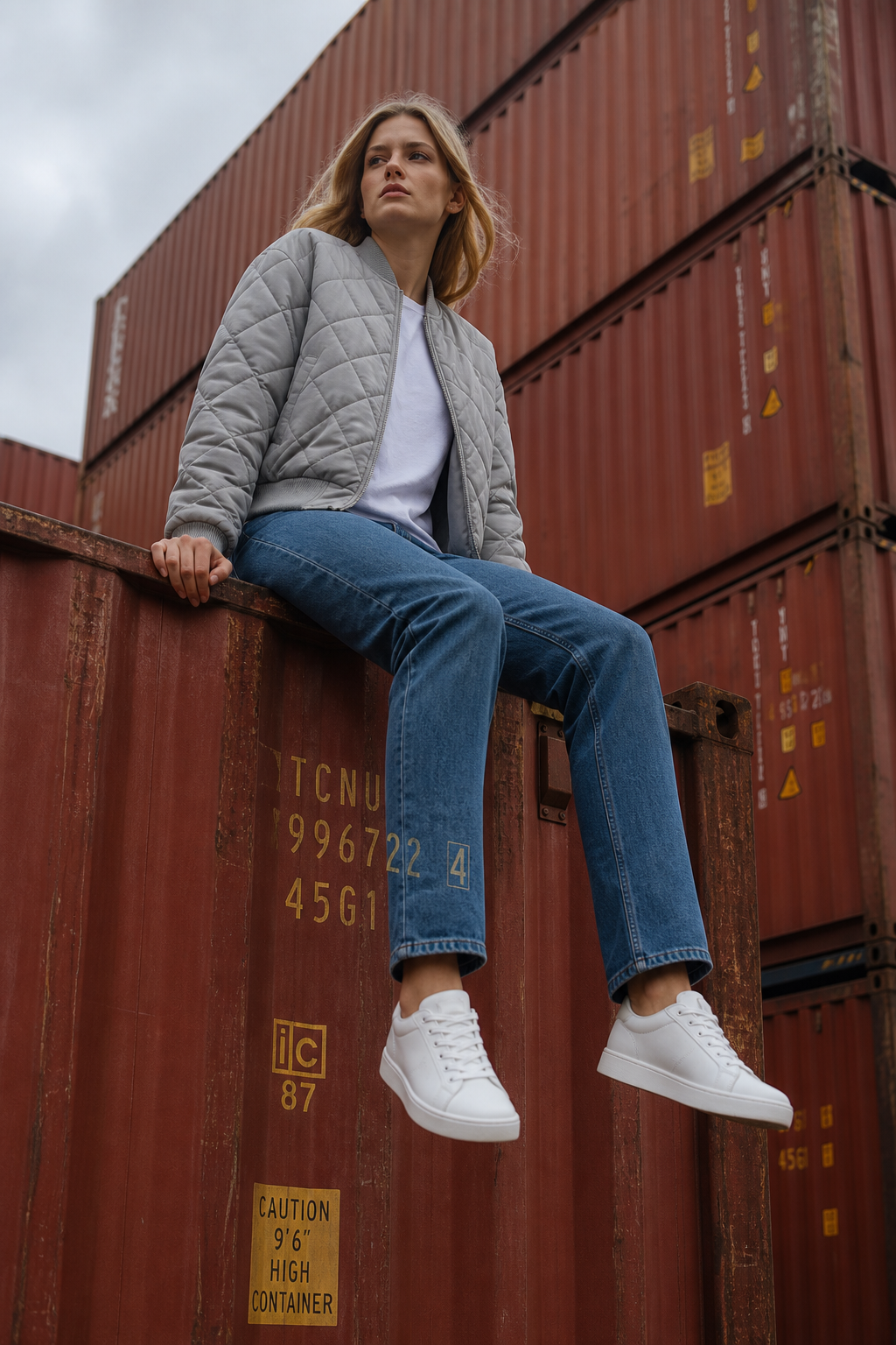 A blonde woman in a grey jacket and jeans sits on the edge of a red shipping container.