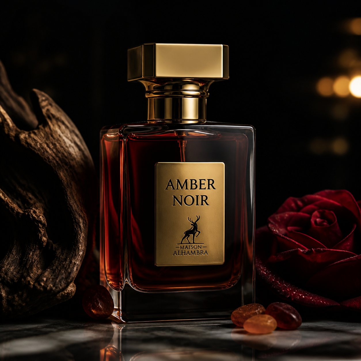 A dark perfume bottle with a gold cap is lit against an elegant dark background.