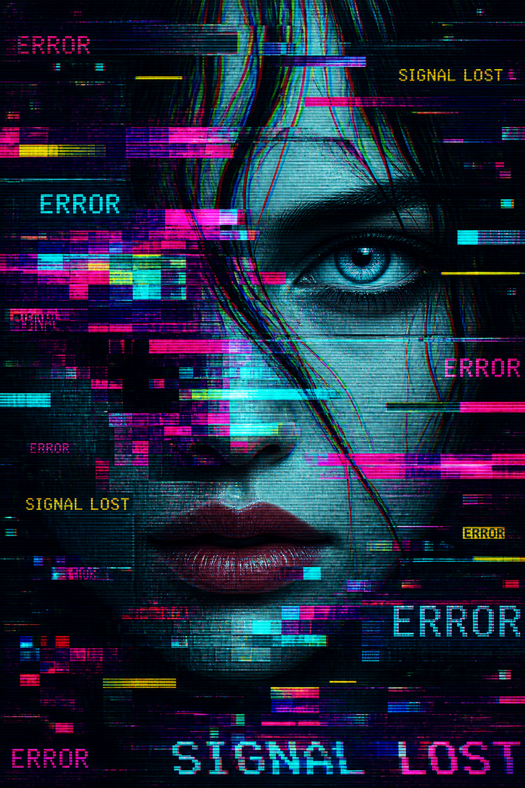 A close-up face is broken into neon glitch bars, scanlines and error text.