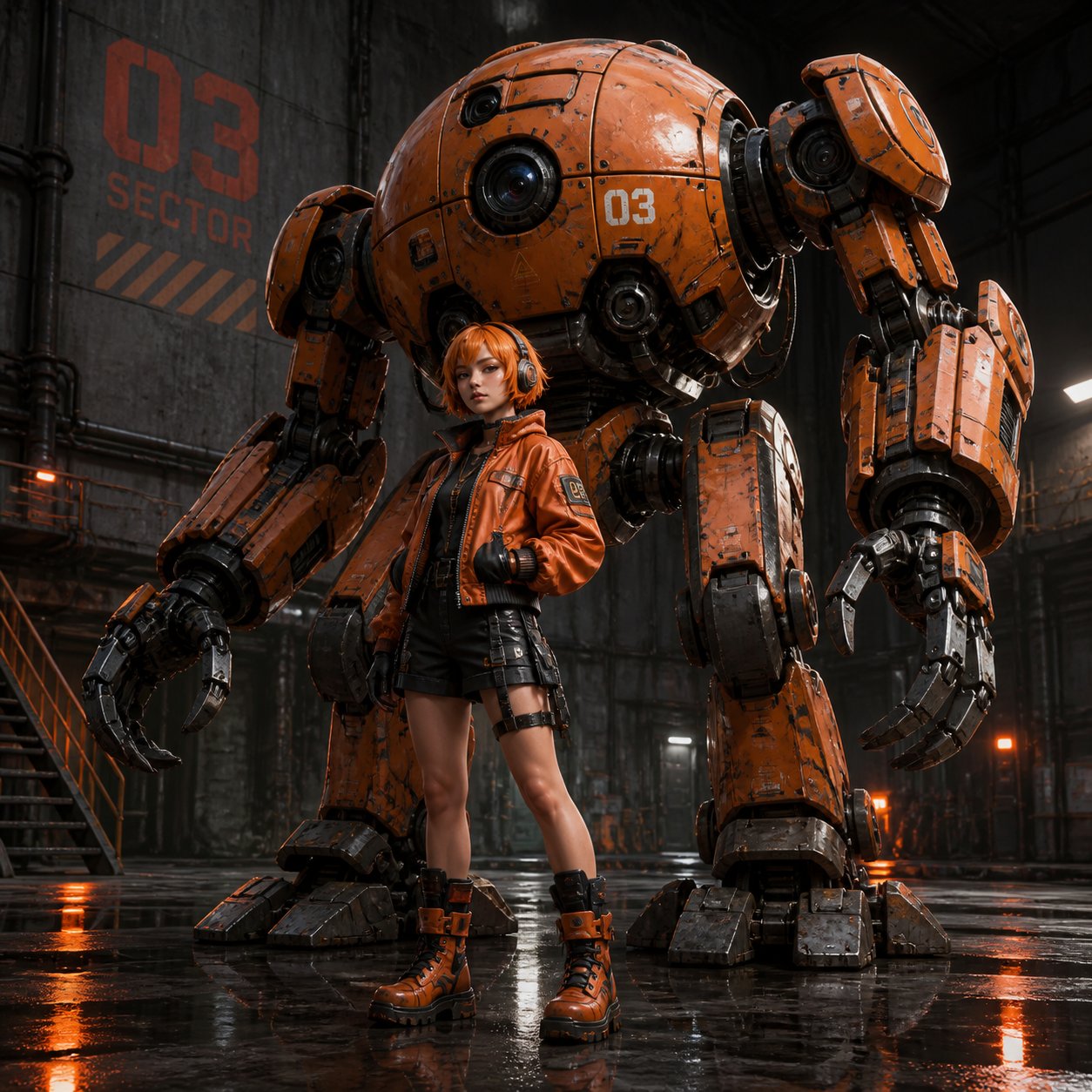 An orange-haired woman stands in front of a large orange industrial robot.
