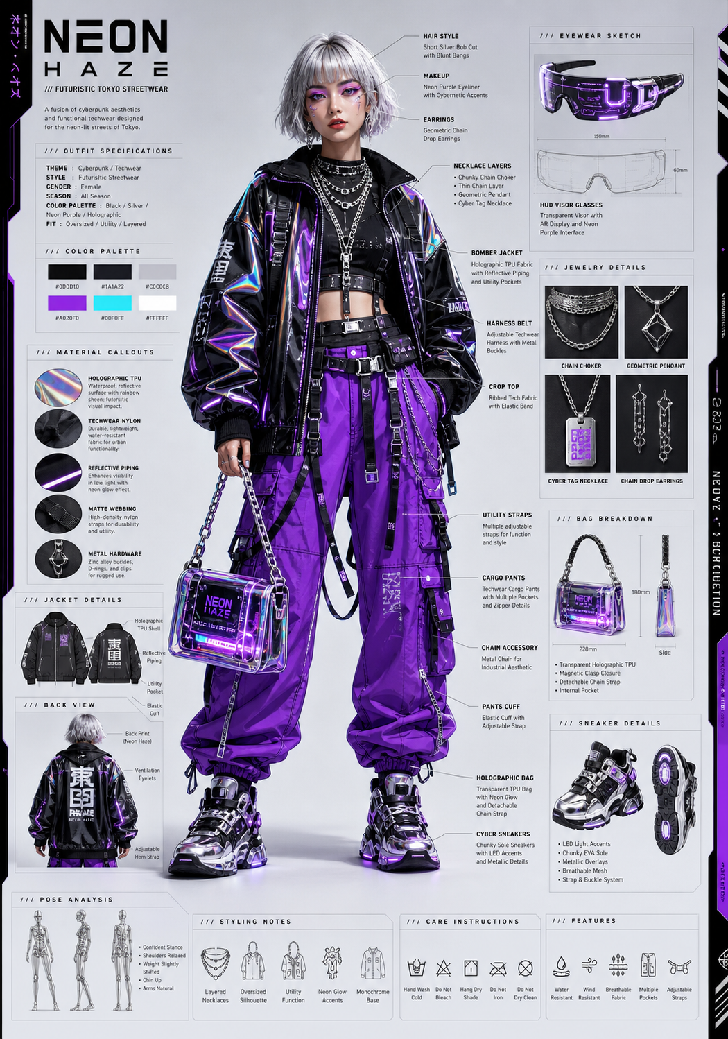 A cyberpunk model is surrounded by garment annotations, fabric swatches and accessory diagrams.