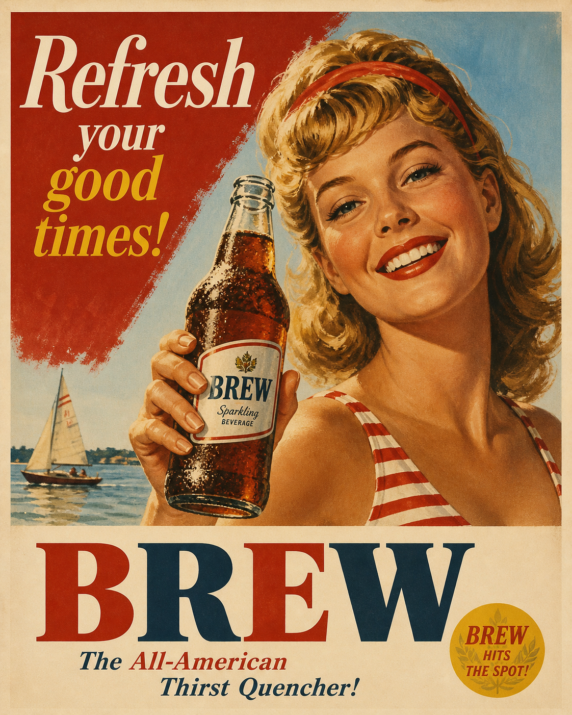 A smiling woman holds a drink bottle beside bold retro advertising lettering.