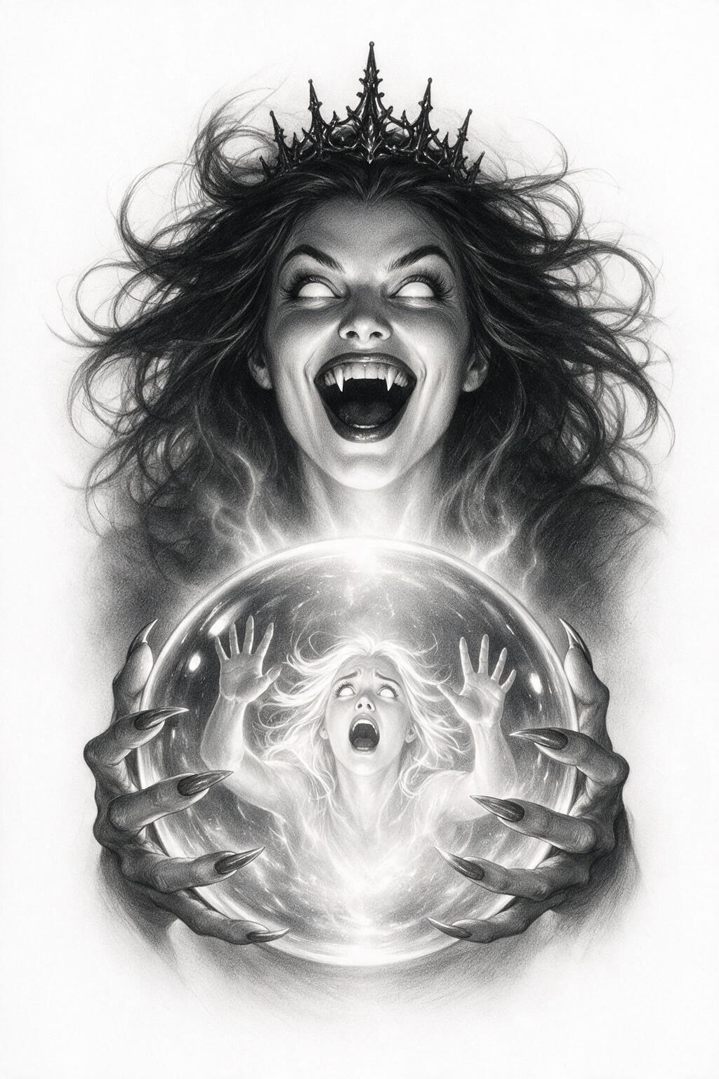 A laughing crowned witch holds a glowing crystal ball containing a frightened figure in a grayscale drawing.