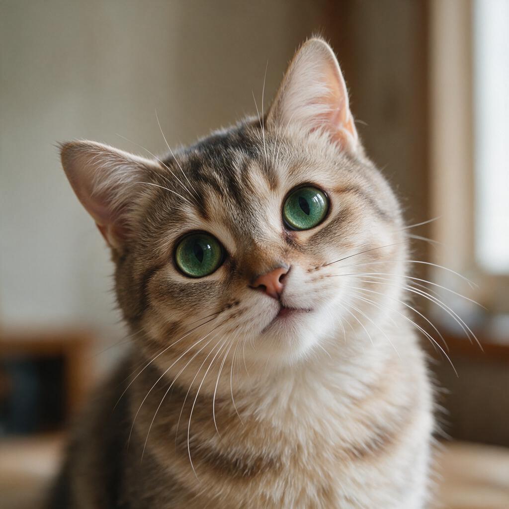 Close-up of a fluffy cat with large green eyes and a tilted head in soft natural light.