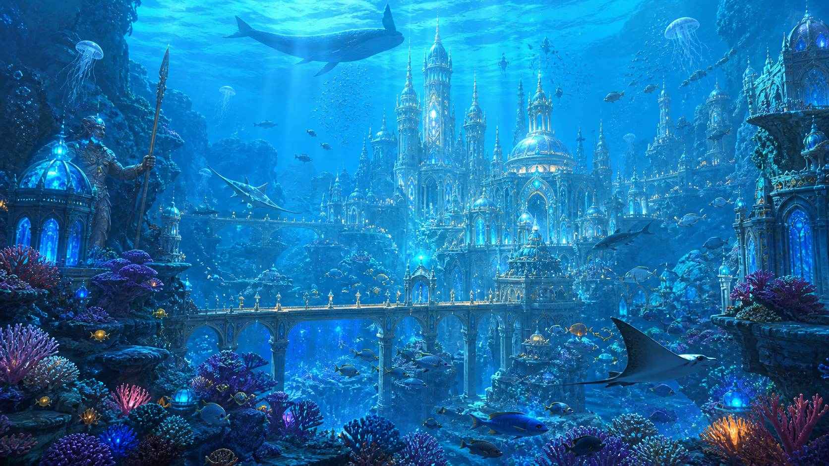 Glowing coral surrounds crystal palaces in a blue underwater fantasy city.