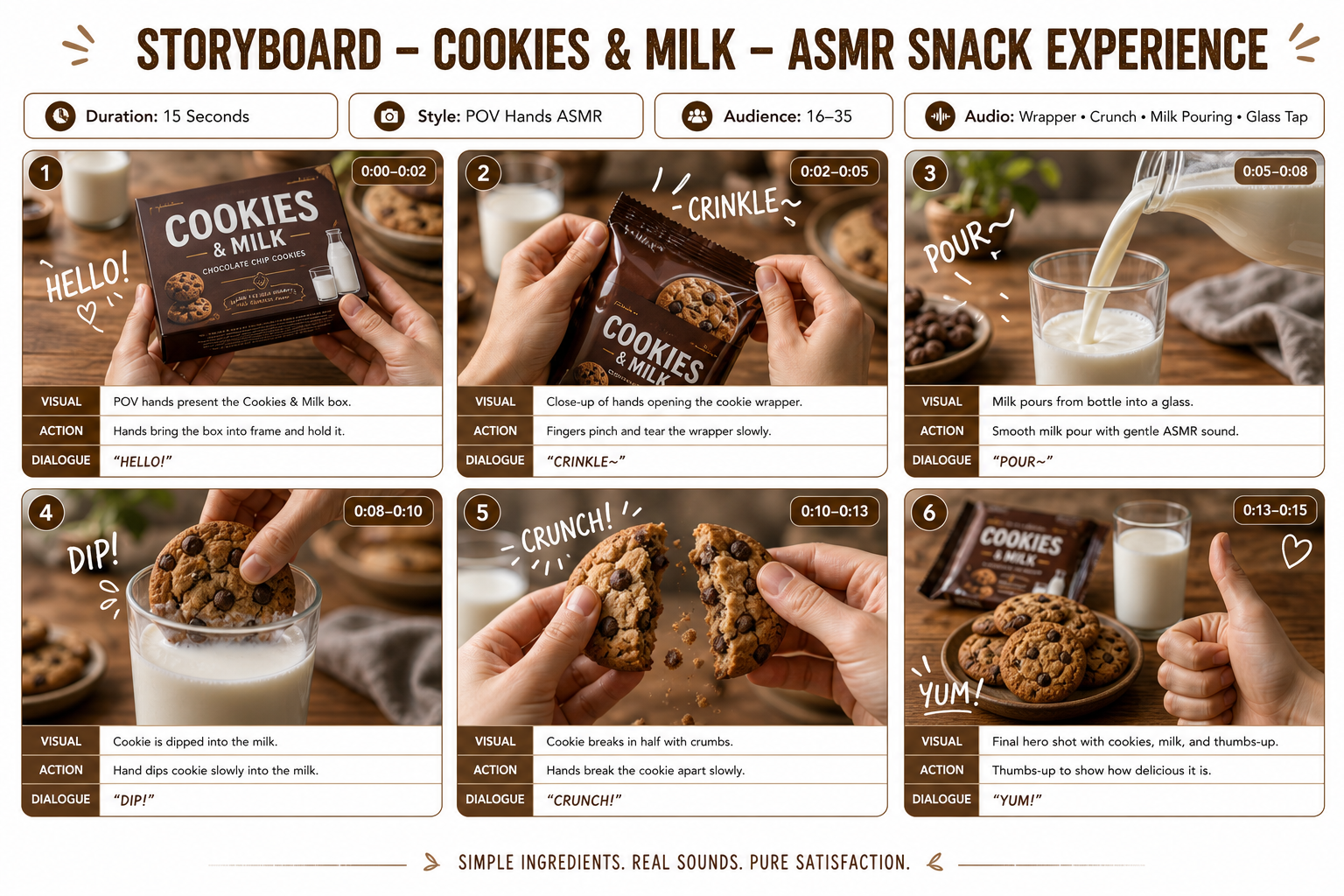 A six-panel storyboard shows cookies, milk, hands and labeled ASMR sound cues.