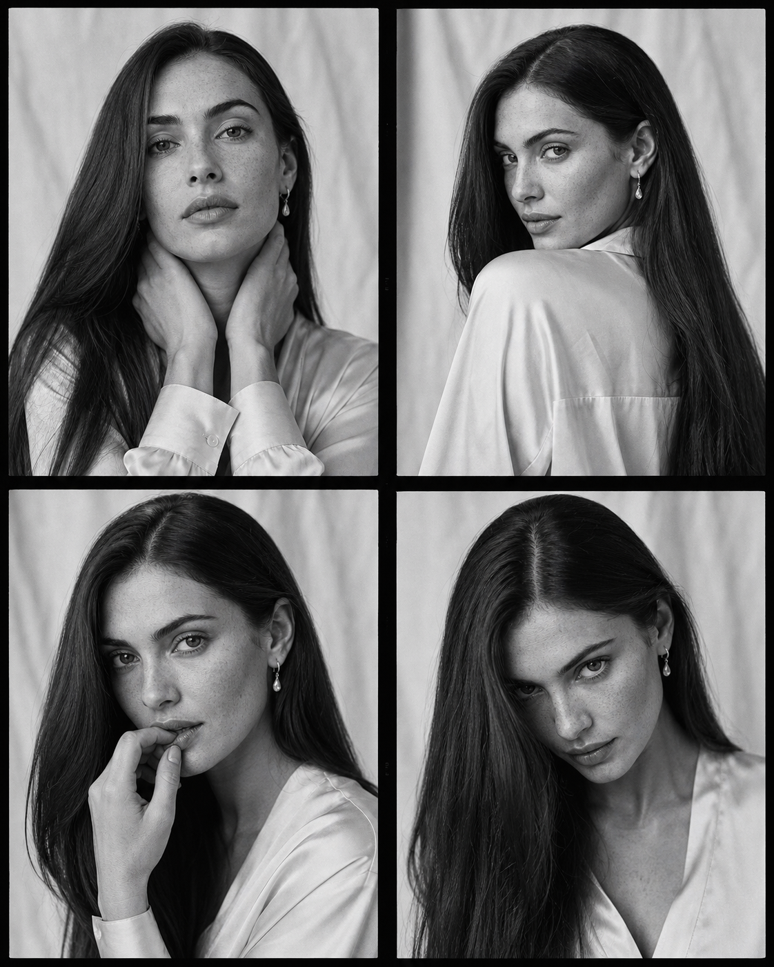 A two-by-two grid shows four black-and-white portraits of the same long-haired woman.