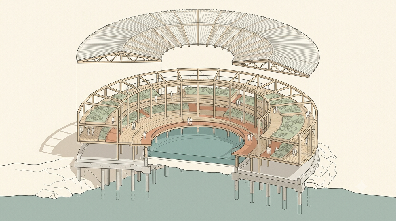Exploded axonometric drawing of a crescent-shaped timber greenhouse with lifted roof, planted terraces and a tidal courtyard.