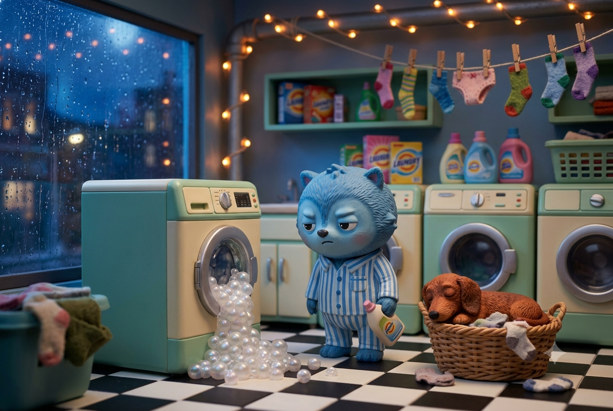 Blue pajama-clad creature beside a washer spilling pearly bubbles, with a sleeping dachshund in a basket and rain outside a miniature laundromat.