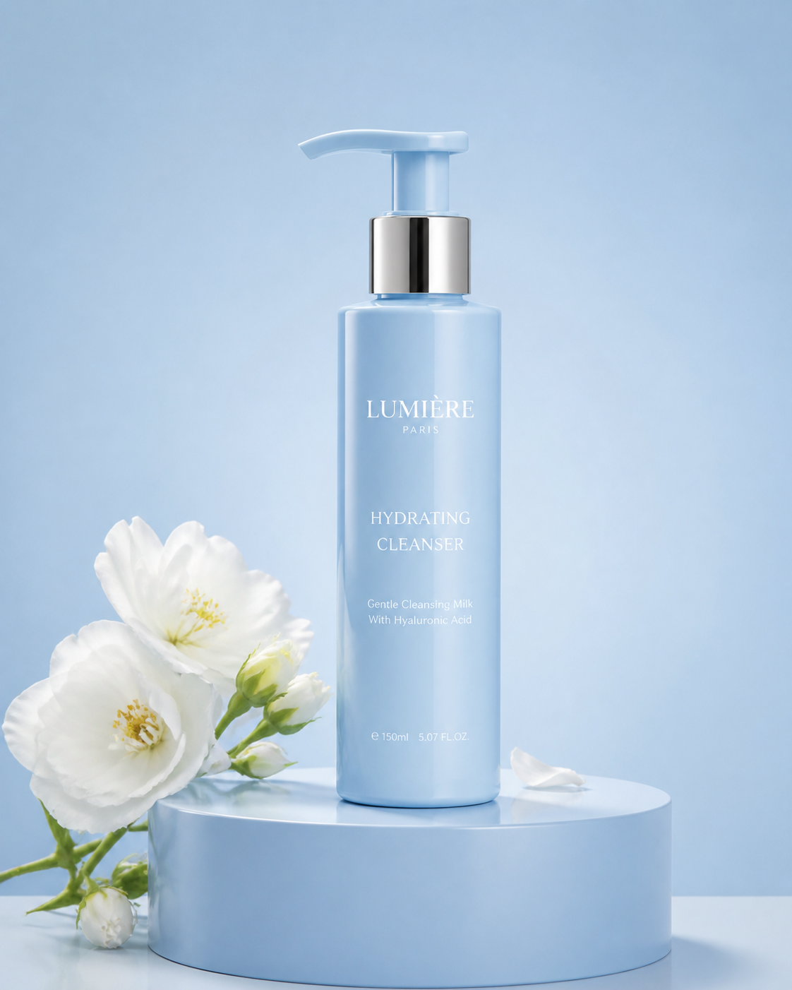 A pale blue pump bottle sits on a blue pedestal beside white flowers.