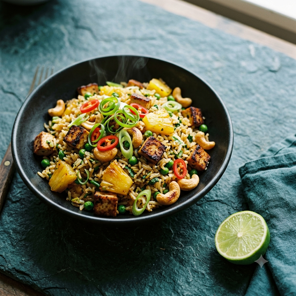 Black bowl of pineapple and tofu fried rice with cashews, peas, scallions and chili, beside a cut lime and teal napkin.