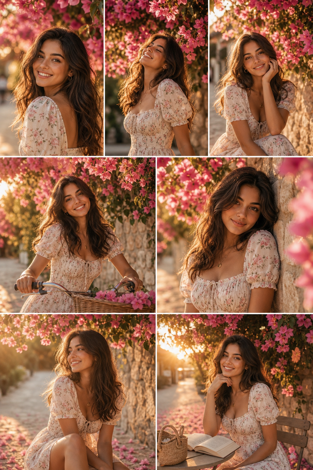 Seven photographs show the same woman under flowering pink bougainvillea.