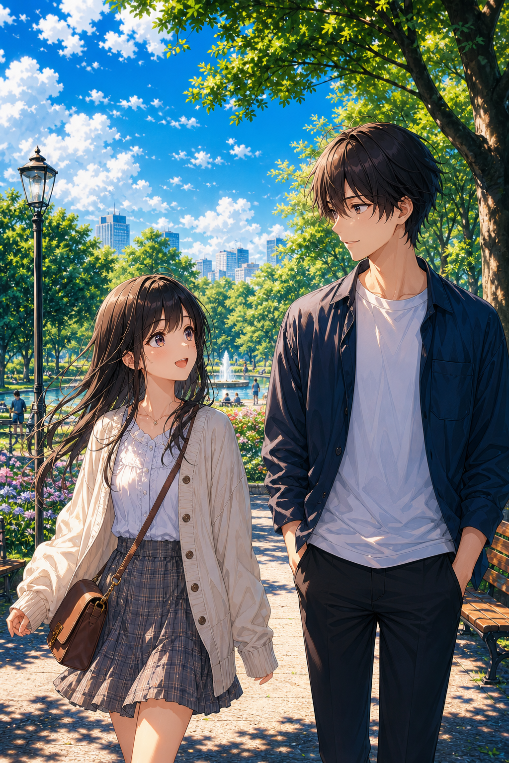 Two anime characters in casual clothing stand on a tree-lined park path.